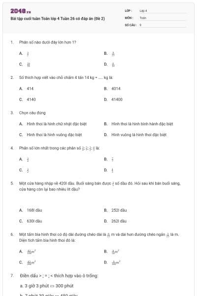 Bài tập cuối tuần Toán lớp 4 Tuần 26 có đáp án (Đề 2)