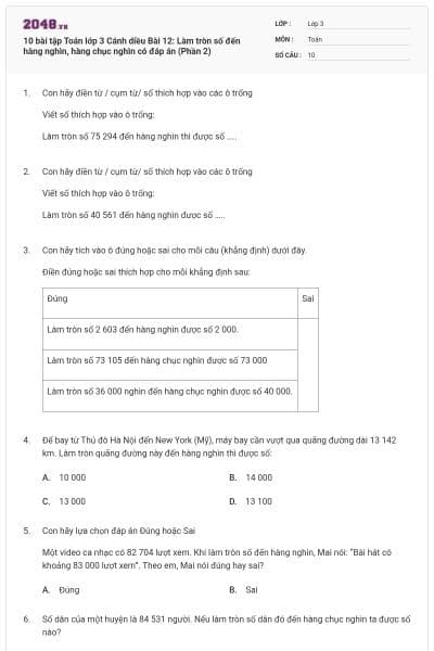 10 bài tập Toán lớp 3 Cánh diều Bài 12: Làm tròn số đến hàng nghìn, hàng chục nghìn có đáp án (Phần 2)