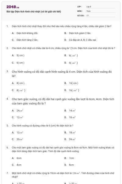 Bài tập Diện tích hình chữ nhật (có lời giải chi tiết)