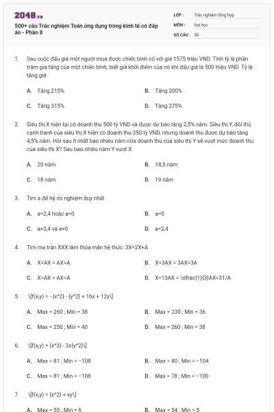 500+ câu Trắc nghiệm Toán ứng dụng trong kinh tế có đáp án - Phần 8