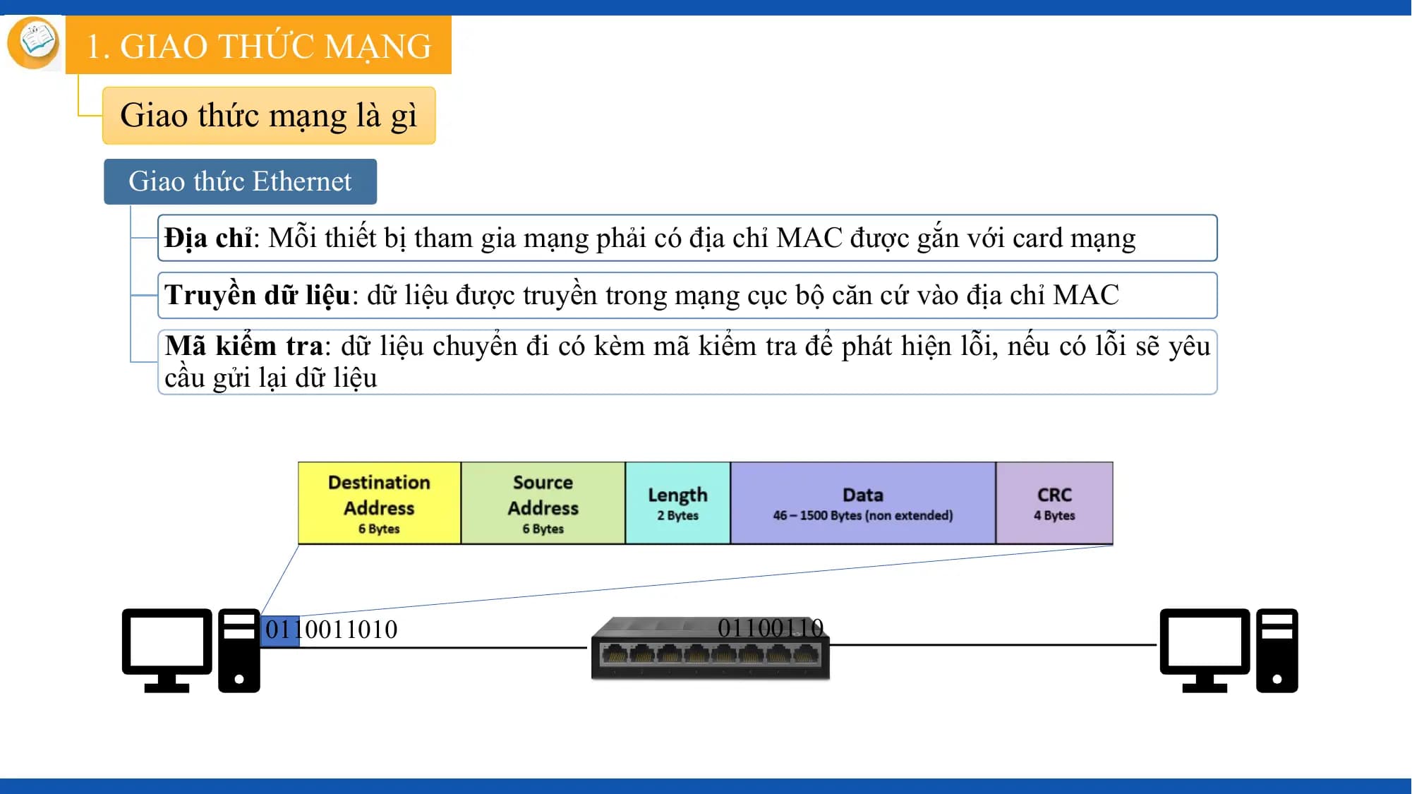 1. GIAO THỨC MẠNG
 Giao thức mạng là gì
 Giao thức Ethernet
 Địa chỉ: Mỗi thiết bị tham gia mạng phải có địa chỉ MAC được gắn với card mạng
 Truyền dữ liệu: dữ liệu được truyền trong mạng cục bộ căn cứ vào địa chỉ MAC
 Mã kiểm tra: dữ liệu chuyển đi có kèm mã kiểm tra để phát hiện lỗi, nếu có lỗi sẽ yêu
 cầu gửi lại dữ liệu

 0110011010 01100110