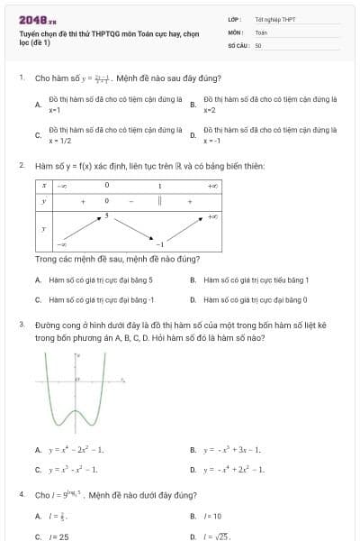 Tuyển chọn đề thi thử THPTQG môn Toán cực hay, chọn lọc (đề 1)
