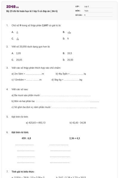Bộ 25 đề thi toán học kì I lớp 5 có đáp án ( Đề 6)