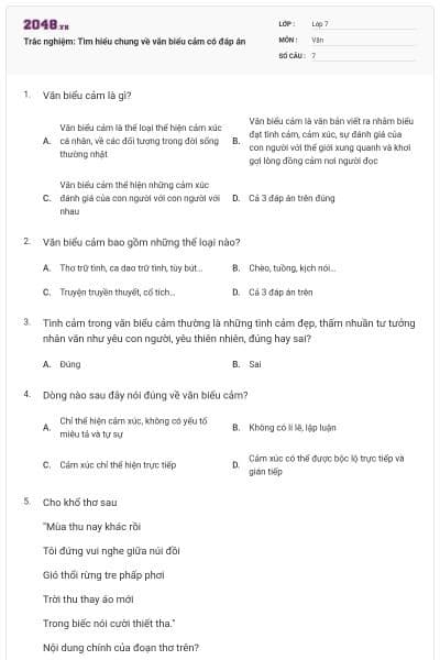 Trắc nghiệm: Tìm hiểu chung về văn biểu cảm có đáp án