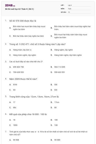 Đề thi cuối học kì I Toán 4 ( đề 3 )
