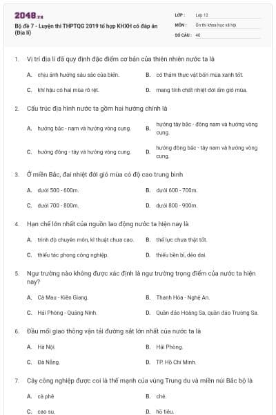 Bộ đề 7 - Luyện thi THPTQG 2019 tổ hợp KHXH có đáp án (Địa lí)