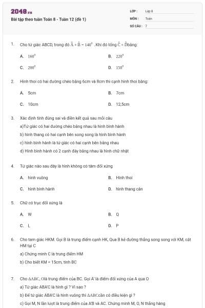 Bài tập theo tuần Toán 8 - Tuần 12 (đề 1)