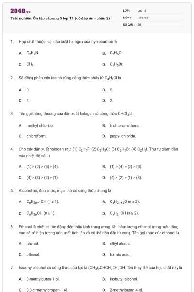 Trắc nghiệm Ôn tập chương 5 lớp 11 (có đáp án - phần 2)