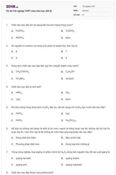 Ôn thi Tốt nghiệp THPT môn Hóa học (Đề 8)