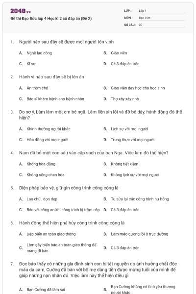Đề thi Đạo Đức lớp 4 Học kì 2 có đáp án (Đề 2)