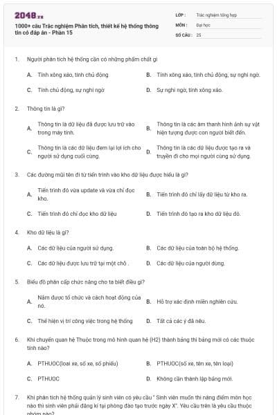 1000+ câu Trắc nghiệm Phân tích, thiết kế hệ thống thông tin có đáp án - Phần 15