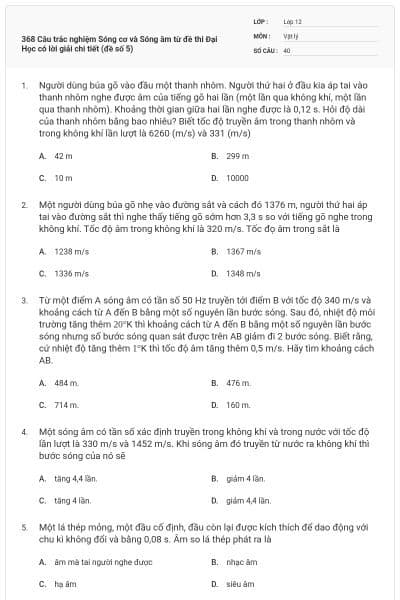 368 Câu trắc nghiệm Sóng cơ và Sóng âm từ đề thi Đại Học có lời giải chi tiết (đề số 5)