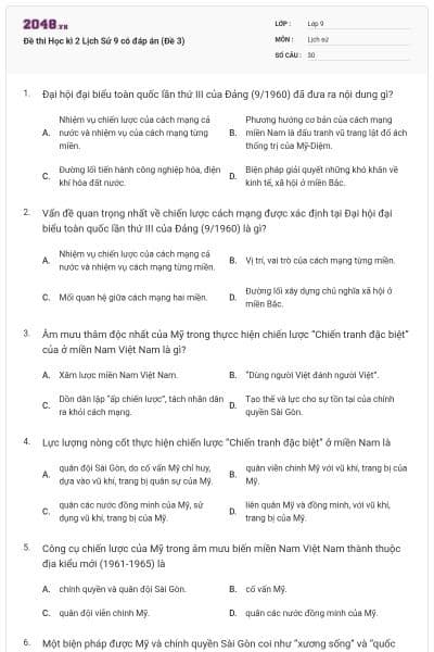 Đề thi Học kì 2 Lịch Sử 9 có đáp án (Đề 3)