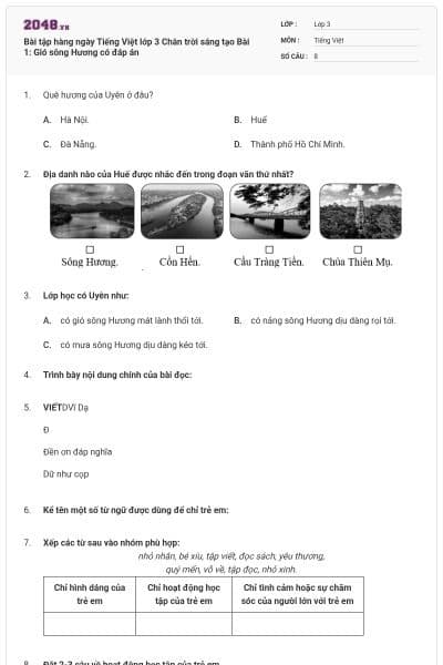 Bài tập hàng ngày Tiếng Việt lớp 3 Chân trời sáng tạo Bài 1: Gió sông Hương có đáp án