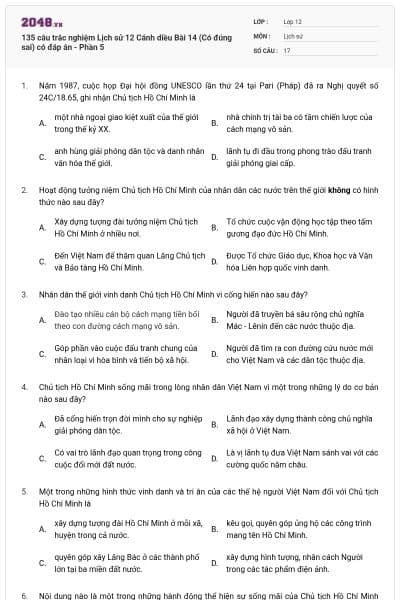 135 câu trắc nghiệm Lịch sử 12 Cánh diều Bài 14 (Có đúng sai) có đáp án - Phần 5