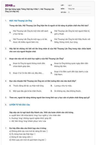 Bài tập hàng ngày Tiếng Việt lớp 4 Bài 1. Hải Thượng Lãn Ông (có đáp án)