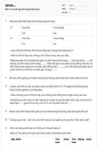 Bài 3: Lai một cặp tính trạng (tiếp theo)