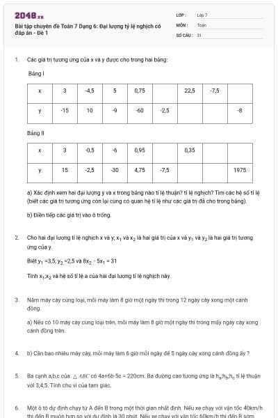 Bài tập chuyên đề Toán 7 Dạng 6: Đại lượng tỷ lệ nghịch có đáp án - Đề 1