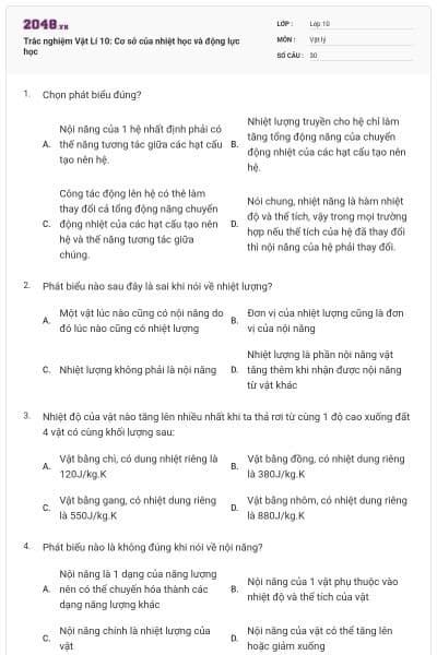 Trắc nghiệm Vật Lí 10: Cơ sở của nhiệt học và động lực học