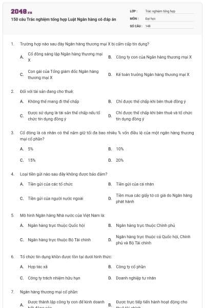 150 câu Trắc nghiệm tổng hợp Luật Ngân hàng có đáp án