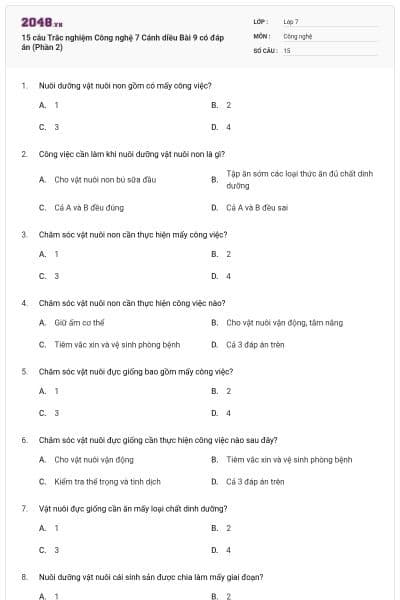 15 câu Trắc nghiệm Công nghệ 7 Cánh diều Bài 9 có đáp án (Phần 2)
