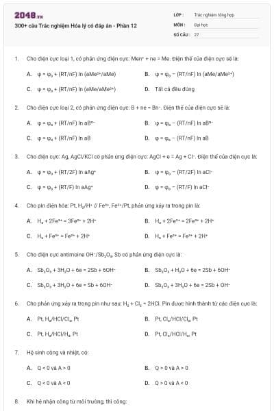 300+ câu Trắc nghiệm Hóa lý có đáp án - Phần 12