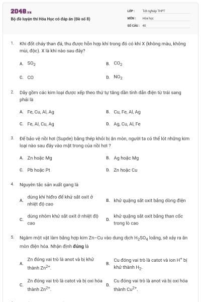 Bộ đề luyện thi Hóa Học có đáp án (Đề số 8)
