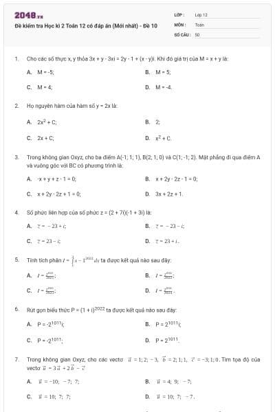 Đề kiểm tra Học kì 2 Toán 12 có đáp án (Mới nhất) - Đề 10