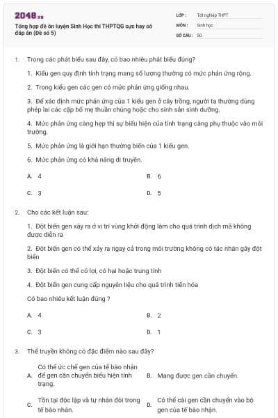 Tổng hợp đề ôn luyện Sinh Học thi THPTQG cực hay có đáp án (Đề số 5)