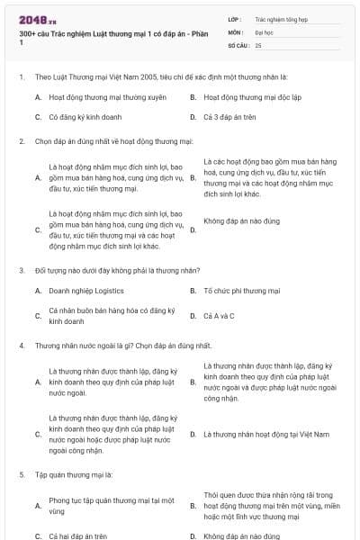 300+ câu Trắc nghiệm Luật thương mại 1 có đáp án - Phần 1