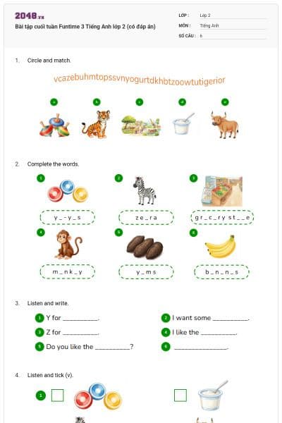 Bài tập cuối tuần Funtime 3 Tiếng Anh lớp 2 (có đáp án)