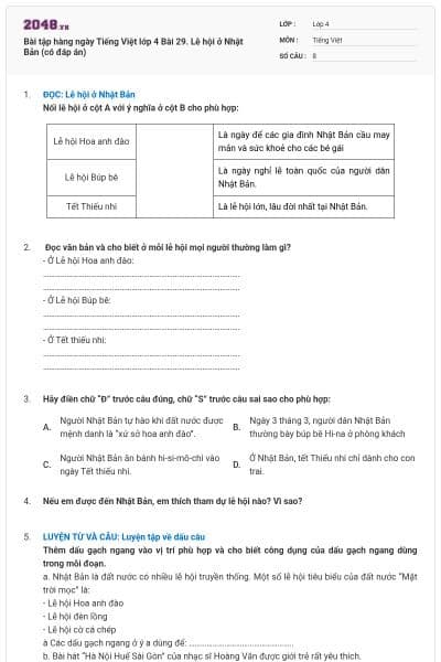Bài tập hàng ngày Tiếng Việt lớp 4 Bài 29. Lễ hội ở Nhật Bản (có đáp án)
