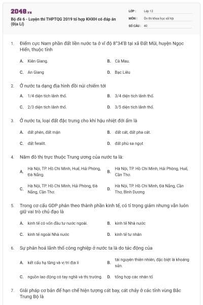 Bộ đề 6 - Luyện thi THPTQG 2019 tổ hợp KHXH có đáp án (Địa Lí)
