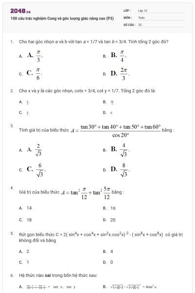 100 câu trắc nghiệm Cung và góc lượng giác nâng cao (P3)