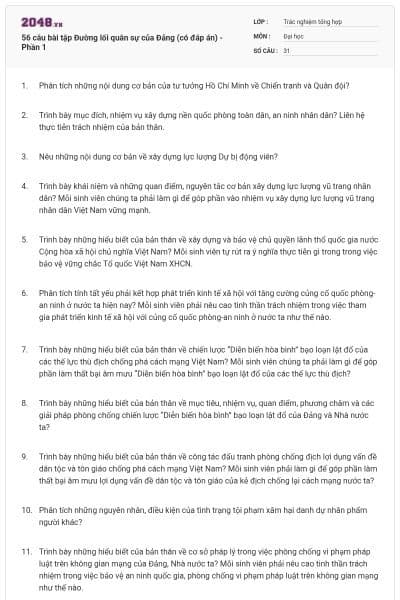 56 câu bài tập Đường lối quân sự của Đảng (có đáp án) - Phần 1