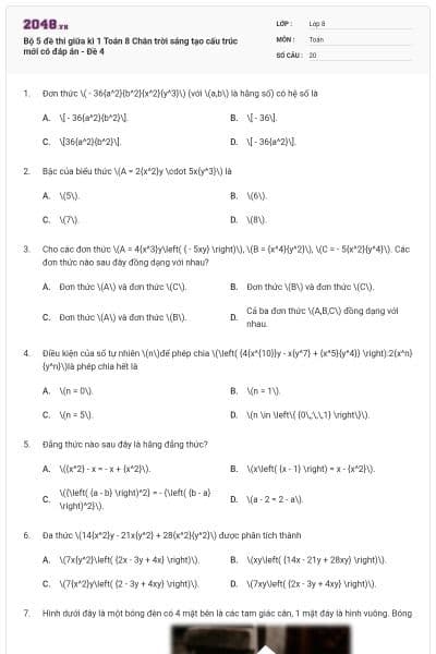 Bộ 5 đề thi giữa kì 1 Toán 8 Chân trời sáng tạo cấu trúc mới có đáp án - Đề 4