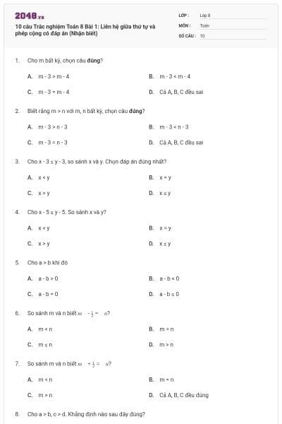 10 câu Trắc nghiệm Toán 8 Bài 1: Liên hệ giữa thứ tự và phép cộng có đáp án (Nhận biết)