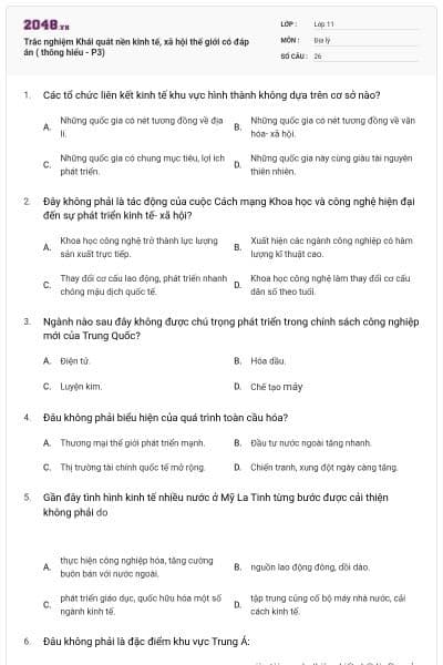 Trắc nghiệm Khái quát nền kinh tế, xã hội thế giới có đáp án ( thông hiểu - P3)