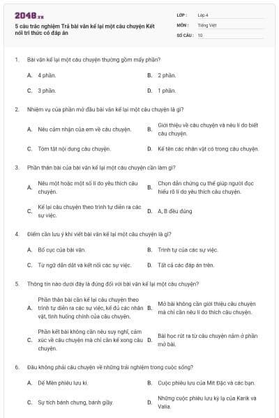5 câu trắc nghiệm Trả bài văn kể lại một câu chuyện Kết nối tri thức có đáp án