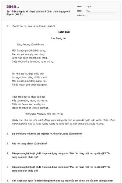 Bộ 15 đề thi giữa kì 1 Ngữ Văn lớp 8 Chân trời sáng tạo có đáp án ( Đề 5 )