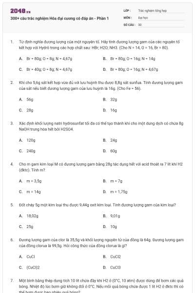 300+ câu trắc nghiệm Hóa đại cương có đáp án - Phần 1
