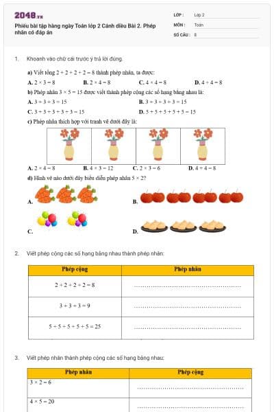 Phiếu bài tập hàng ngày Toán lớp 2 Cánh diều Bài 2. Phép nhân có đáp án