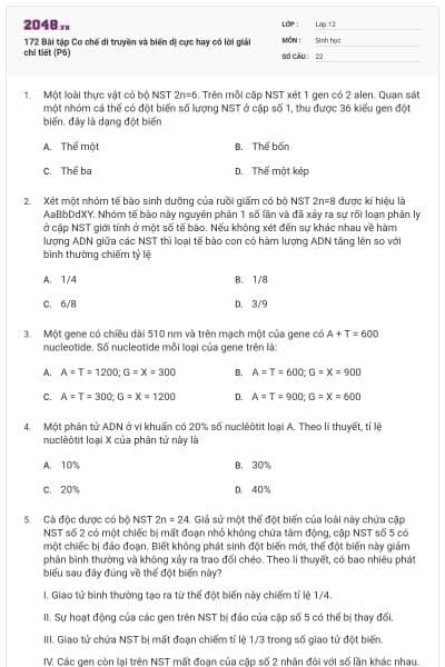 172 Bài tập Cơ chế di truyền và biến dị cực hay có lời giải chi tiết (P6)