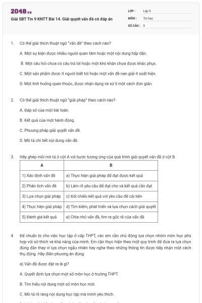 Giải SBT Tin 9 KNTT Bài 14. Giải quyết vấn đề có đáp án