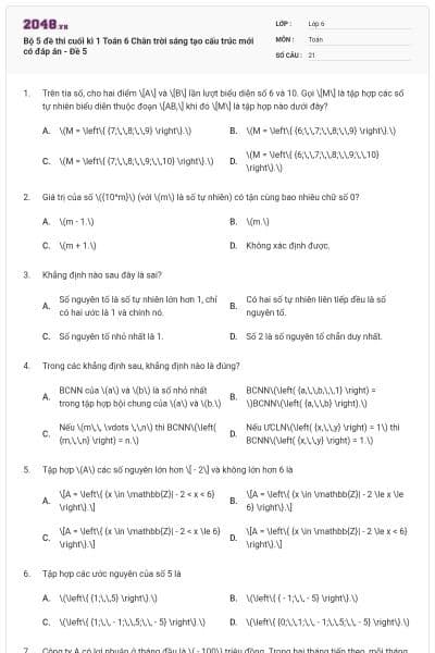 Bộ 5 đề thi cuối kì 1 Toán 6 Chân trời sáng tạo cấu trúc mới có đáp án - Đề 5