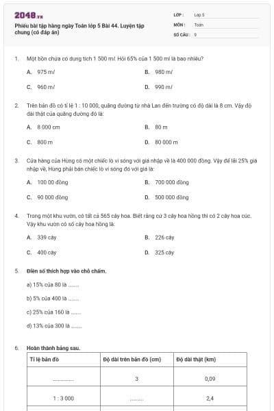 Phiếu bài tập hàng ngày Toán lớp 5 Bài 44. Luyện tập chung (có đáp án)