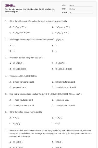30 câu trắc nghiệm Hóa 11 Cánh diều Bài 19: Carboxylic acid có đáp án