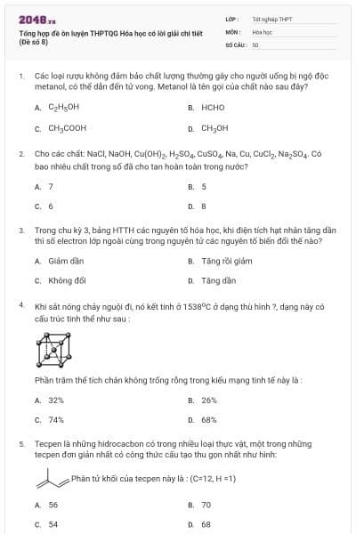 Tổng hợp đề ôn luyện THPTQG Hóa học có lời giải chi tiết (Đề số 8)