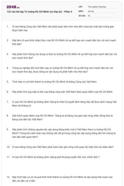 122 câu bài tập Tư tưởng Hồ Chí Minh (có đáp án) - Phần 4