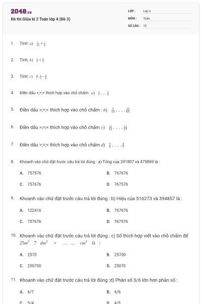 Đề thi Giữa kì 2 Toán lớp 4 (Đề 3)